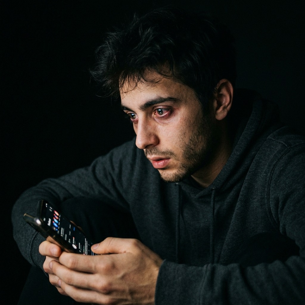 Young man addicted to social media — the attention economy crisis